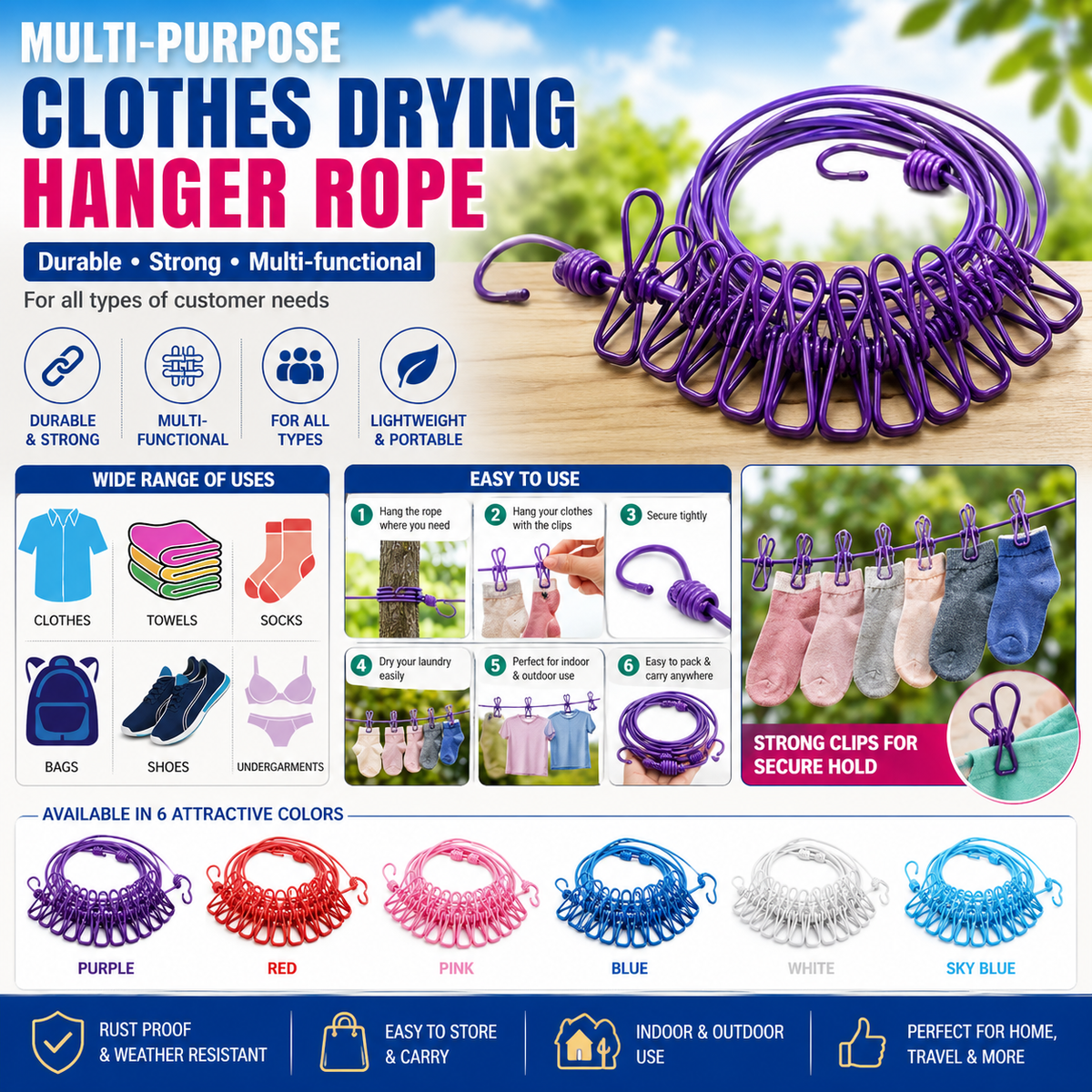 |Free Delivery| Multi Functional Portable Drying Rope with 12 Clips