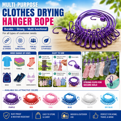 |Free Delivery| Multi Functional Portable Drying Rope with 12 Clips