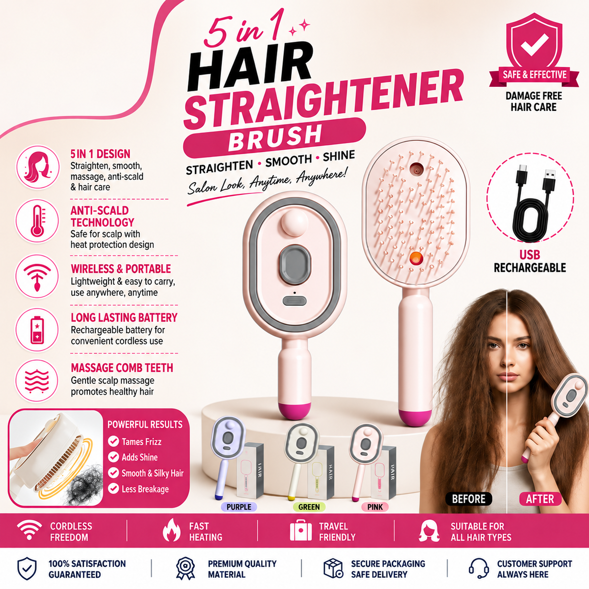 |Free Home Delivery| 5-in-1 Electric Mist Hair Brush